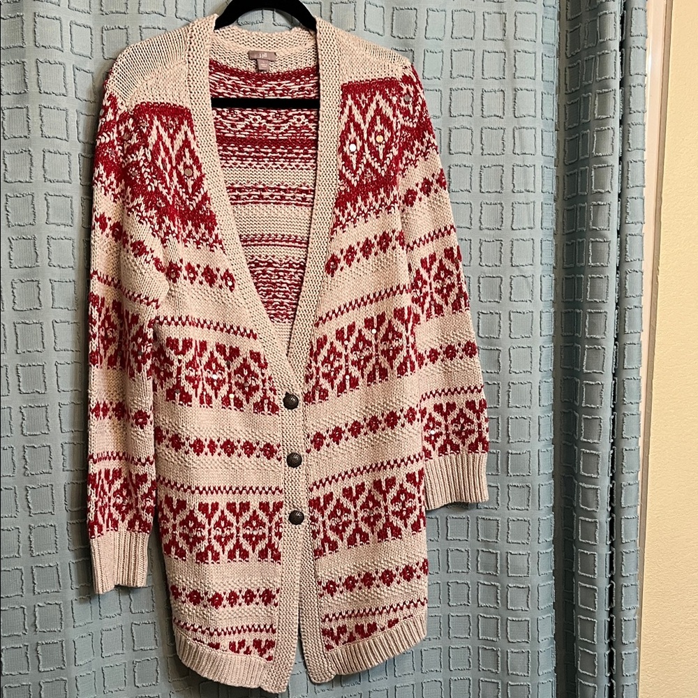 J. Jill Red and Cream Patterned Cardigan